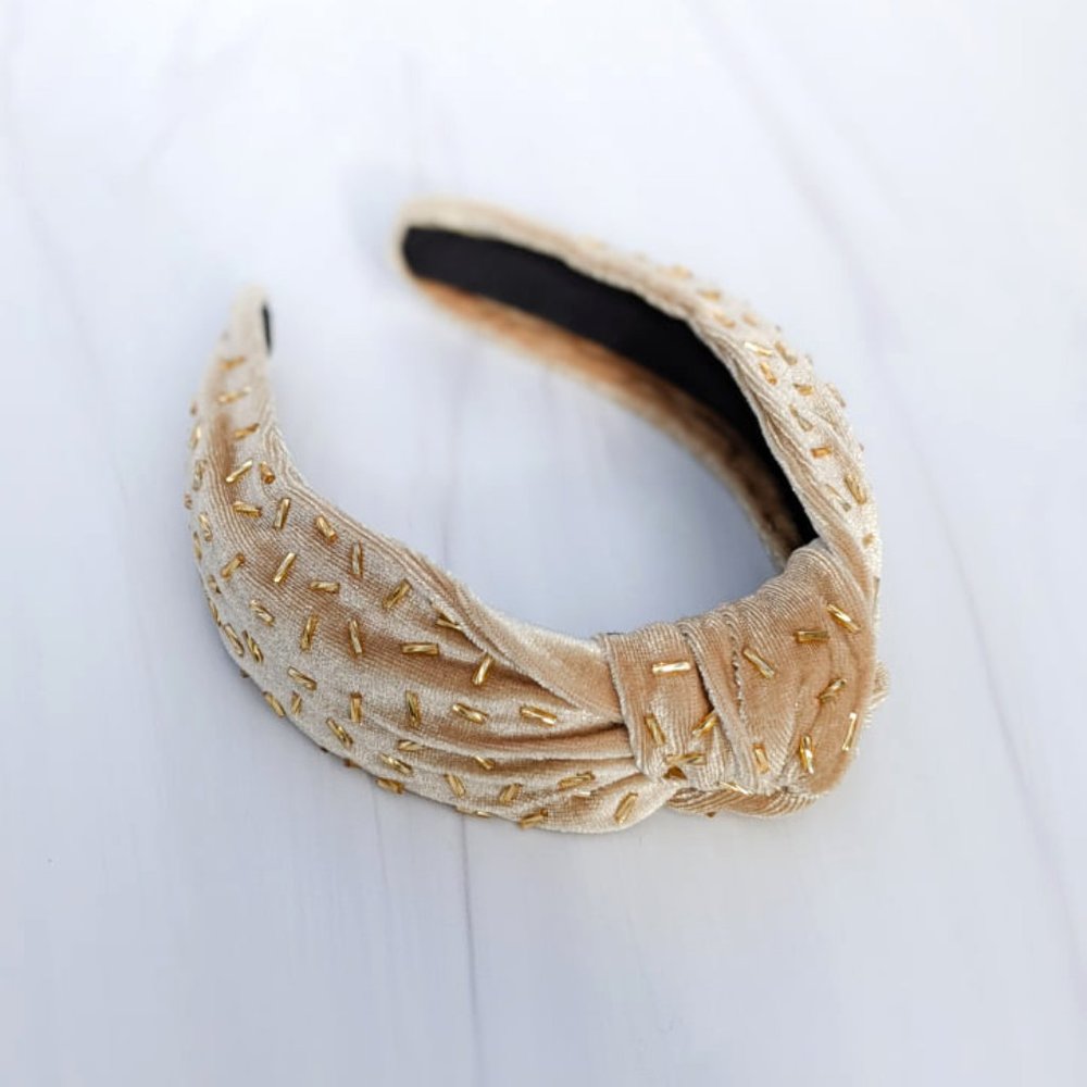 Gold Confetti Knot Velvet Headband Bugle Beads Handmade Knotted Turban Party